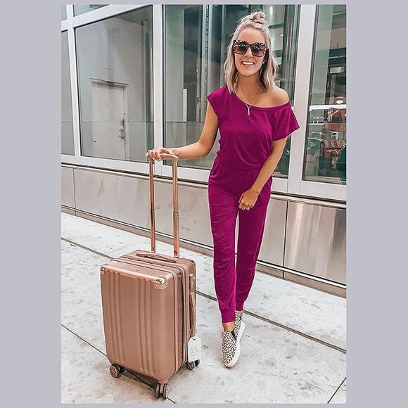 Women's Loose Solid Off Shoulder Elastic Waist Stretchy Purple - Picture 5 of 5